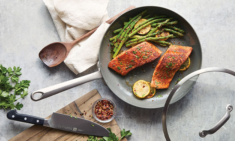 GreenPan nonstick skillet and lid with salmon and asparagus