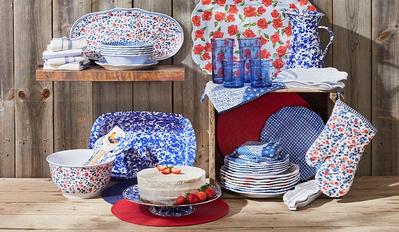 melamine dinnerware with blue and white gingham pattern.