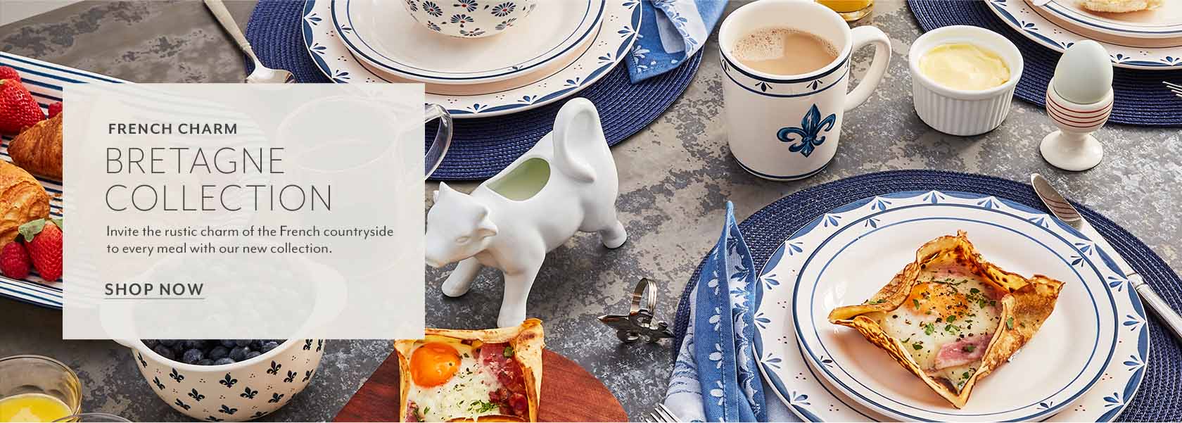 Bretagne blue and white dinnerare and linens. Shop Now.