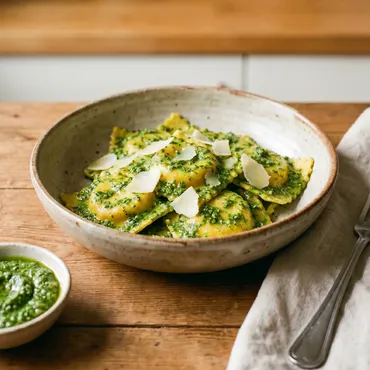 Butternut Squash Ravioli with Arugula Walnut Pesto