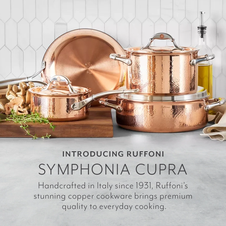 Introducing Ruffoni Symphonia Cupra. Handcrafted in Italy since 1931, Ruffoni's stunning copper cookware brings premium quality to everyday cooking.