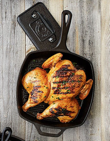 Lodge cast iron skillet with grilled chicken