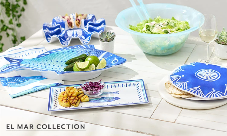 El Mar Collection, outdoor melamine dinnerware in blue and white