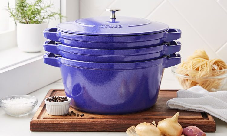 Staub stackable cookware in blueberry