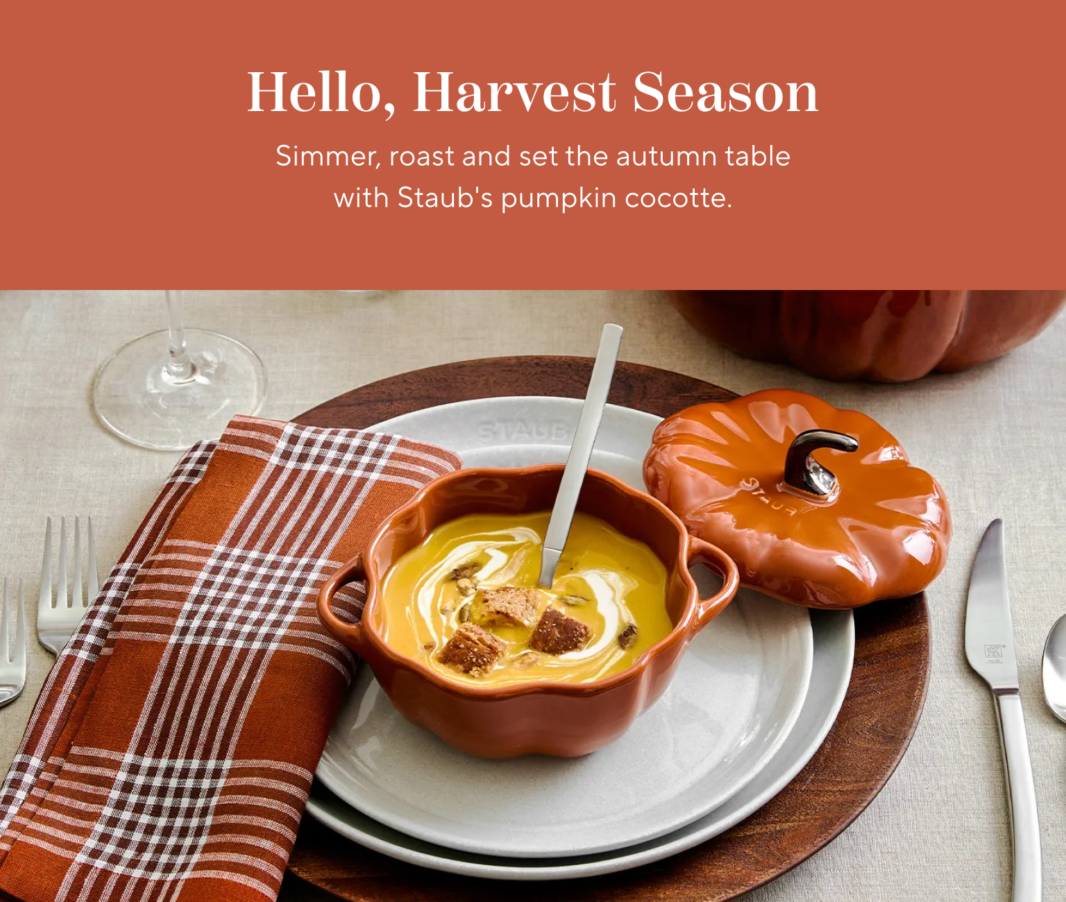 Hello harvest season. Simmer, roast and set the autumn table with Staub's pumpkin cocotte.