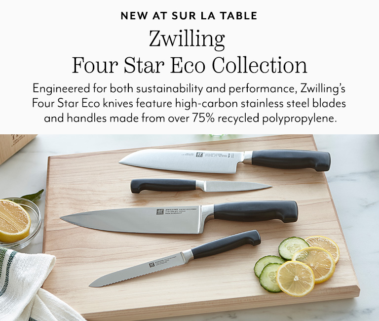 New at Sur La Table Zwilling Four Star Eco Collection. Engineered for both sustainability and performance, Zwilling's Four Star Eco knives feature high-carbon stainless steel blades and handles made from over 75% recycled polyproylene.