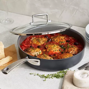 Touring Tuscany cooking class, Tuscan Braised Chicken in skillet