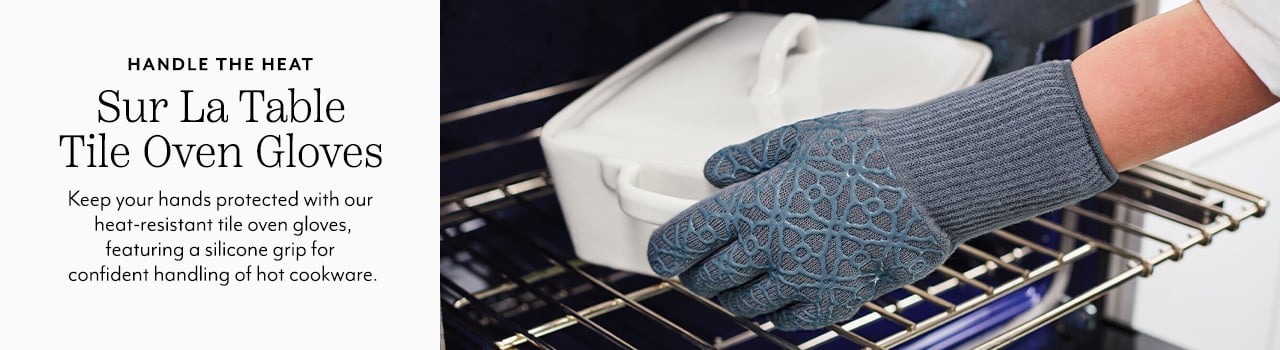 Handle the heat Sur La Table Tile Oven Gloves. Keep your hands protected with our heat-resistant tile oven gloves, featuring a silicone grip for confident handling of hot cookware.