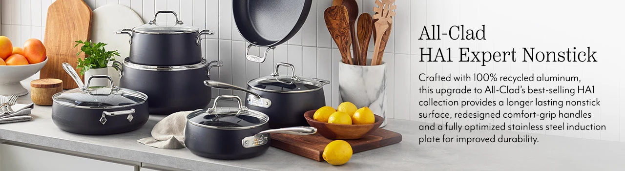 All-Clad HA1 Expert Nonstick. Crafted with 100% recycled aluminum, this upgrade to All-Clad's best-selling HA1 collection provides a longer lasting nonstick surface, redesigned comfort-grip handles and a fully optimized stainless steel induction plate for improved durability.