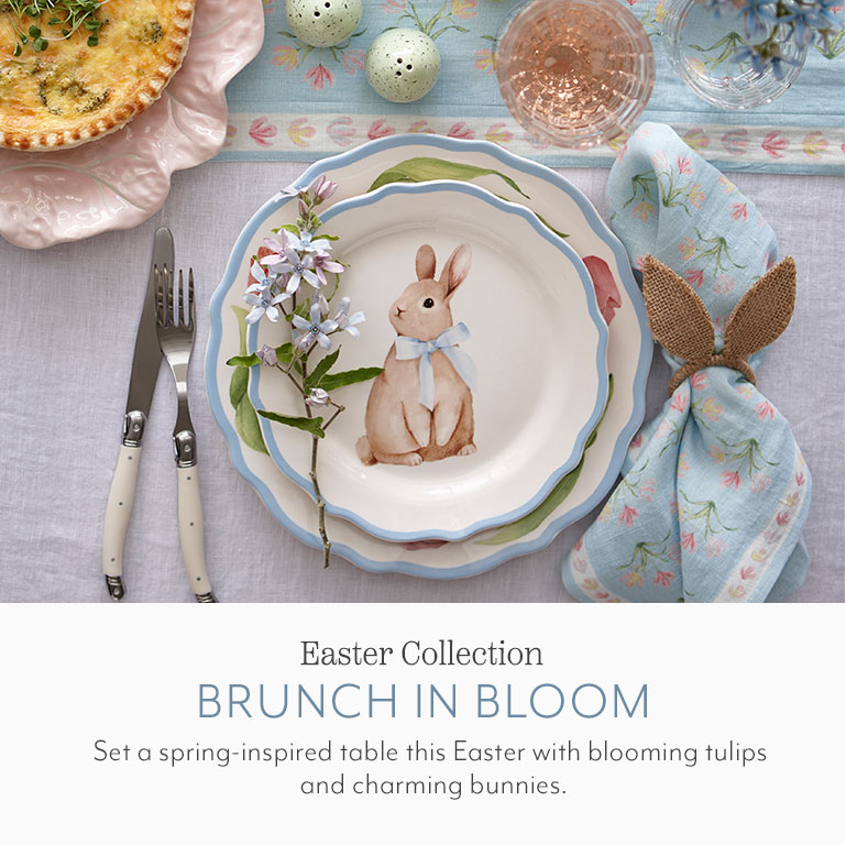 Easter Collection brunch in bloom. Set a spring-inspired table this Easter with blooming tulips and charming bunnies.
