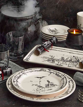 Halloween dinnerware, serving platters and decor