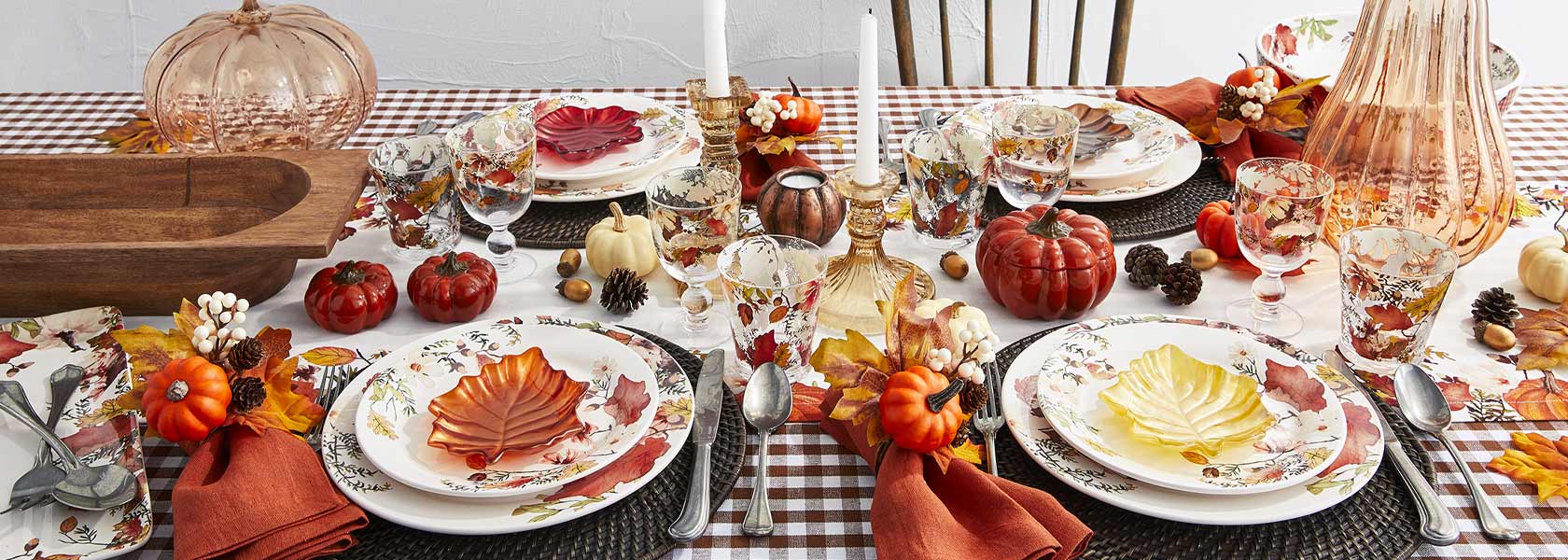 Fall Harvest dinnerware, linens and decor
