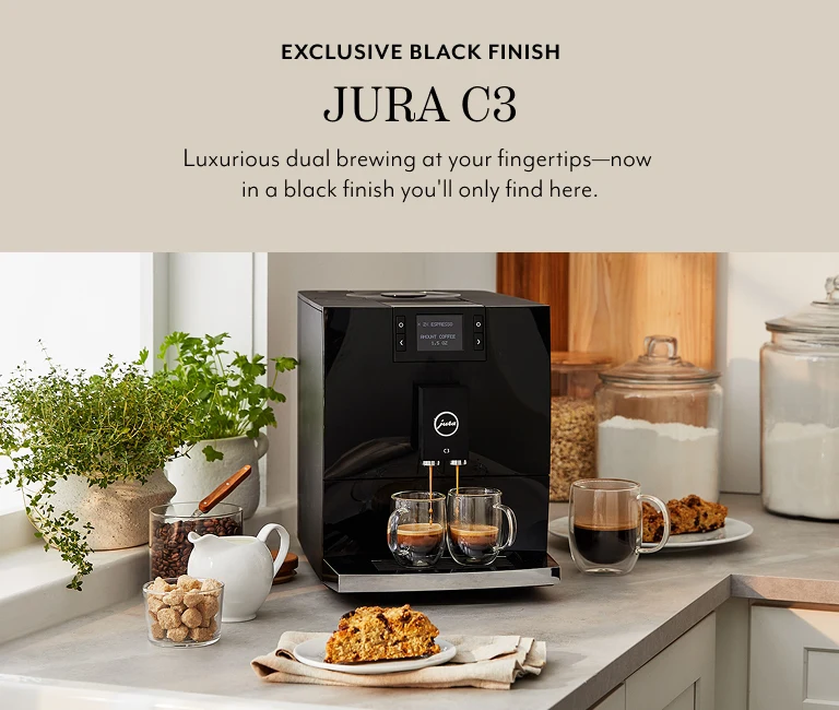 Exclusive black finish Jura C3. Luxurious dual brewing at your fingertips, now in a black finish you'll only find here.
