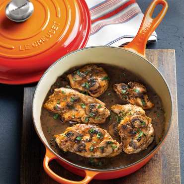 Marsala Braised Chicken with Mushrooms in Le Creuset pan