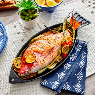 Cast Iron Fish Pan with whole grilled fish