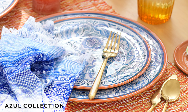 Azul collection blue and white outdoor dinnerware
