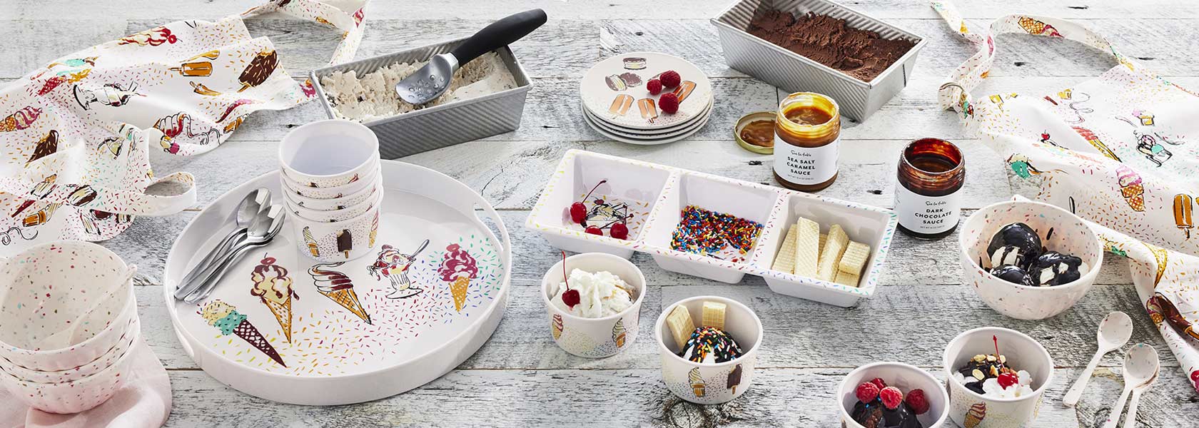 Melamine ice cream themed bowls, plates and serving platters with homemade ice cream