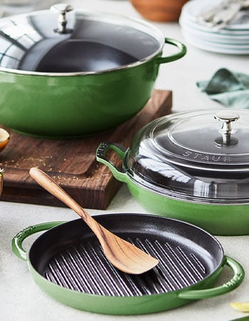 Staub cast iron cookware in chive color