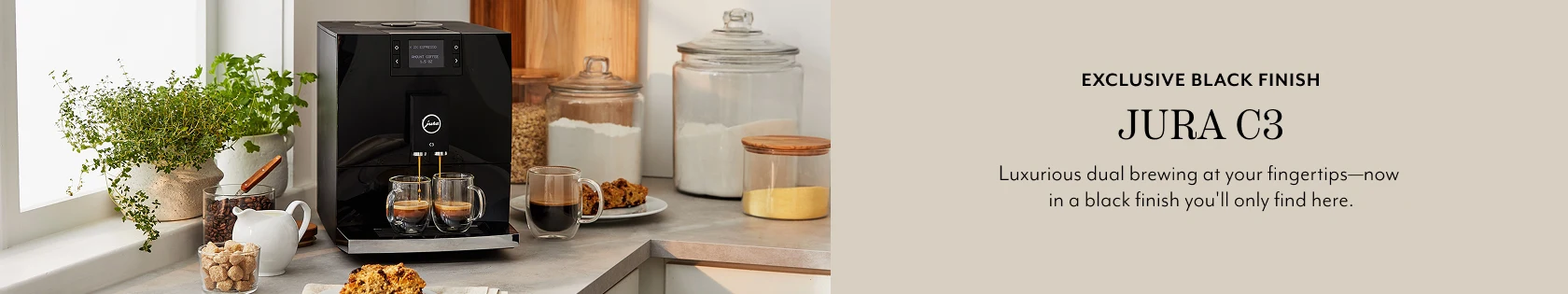 Exclusive black finish Jura C3. Luxurious dual brewing at your fingertips, now in a black finish you'll only find here.