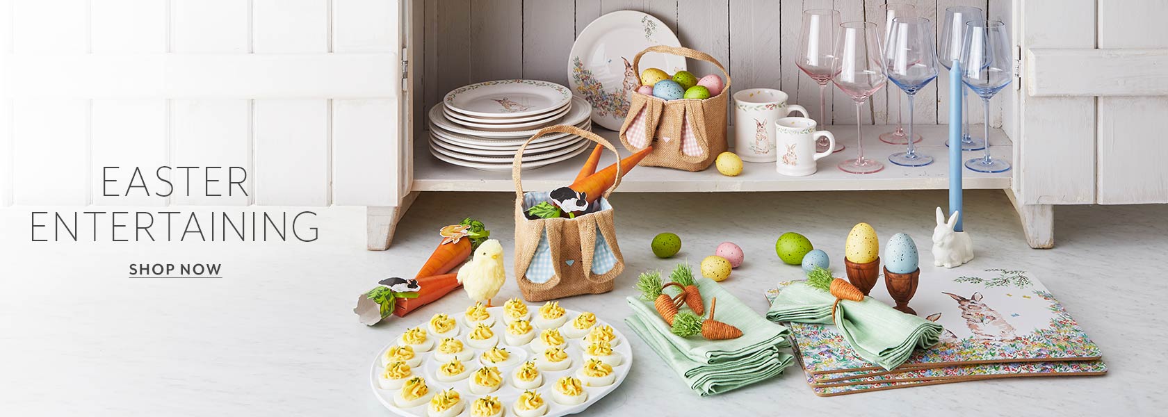 Easter Entertaining. Shop Now. Deviled egg platter and Easter dinnerware and mugs.