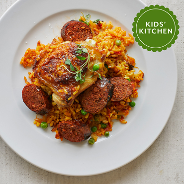 chicken paella on white plate