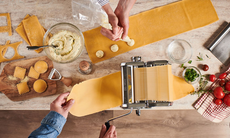 Marcato Atlas pasta maker with fresh pasta sheets for ravioli