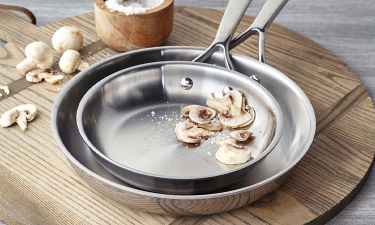 Sur La Table Classic 5-Ply Stainless Steel skillets with mushrooms