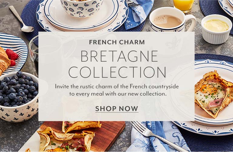Bretagne blue and white dinnerare and linens. Shop Now.