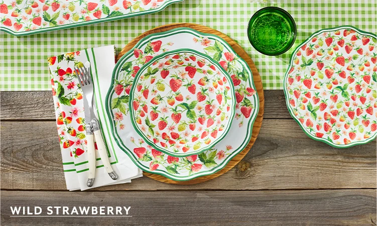 Wild Strawberry melamine outdoor dinnerware collection, wild strawberry motif on white background