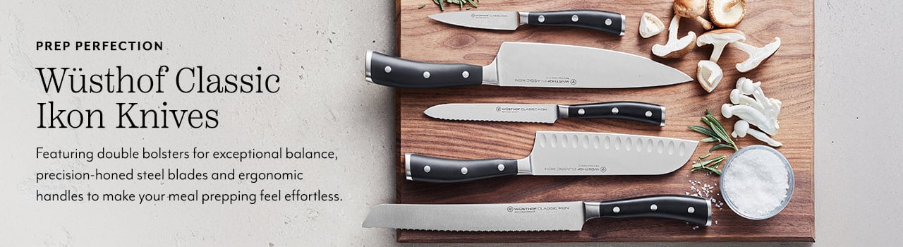 Prep perfection Wusthof Classic Ikon Knives. Featuring double bolsters for exceptional balance, precision-honed steel blades and ergonomic handles to make your meal prepping feel effortless.