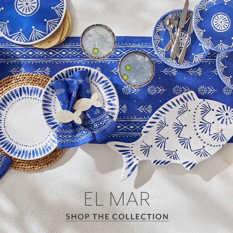 El Mar blue and white melamine dinnerware.