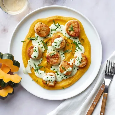 Seared Scallops with Acorn Squash Puree and Tarragon Cream