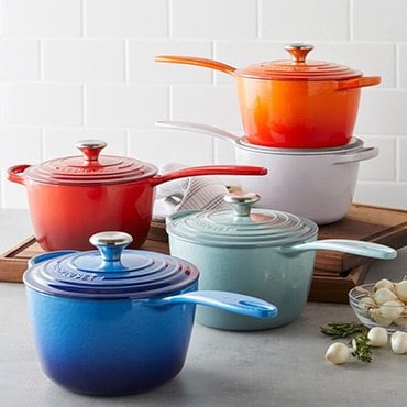 Le Creuset signature saucepan in various colors