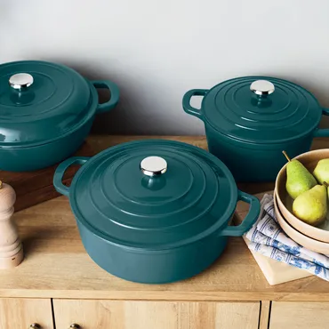 Sur La Table cast iron cookware in dark teal