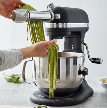 KitchenAid mixer in black with pasta attachment
