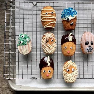Vanilla Bean Madeleines Decorated as Ghosts, Monsters, Mummies, Bride of Frankenstein