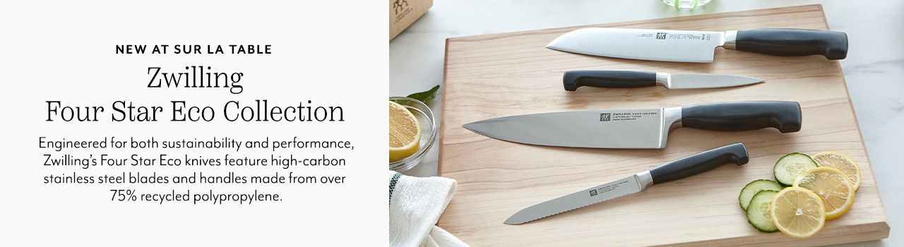 New at Sur La Table Zwilling Four Star Eco Collection. Engineered for both sustainability and performance, Zwilling's Four Star Eco knives feature high-carbon stainless steel blades and handles made from over 75% recycled polyproylene.