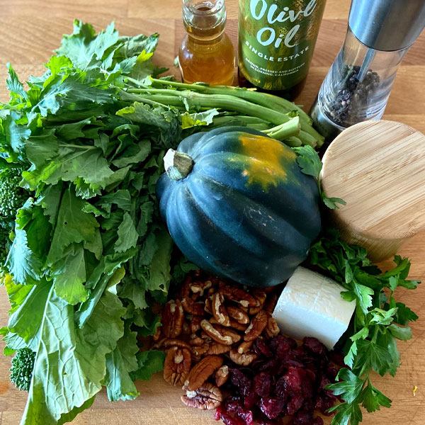 ingredients for Roasted Acorn Squash and Broccoli Rabe Salad with Ricotta Salata