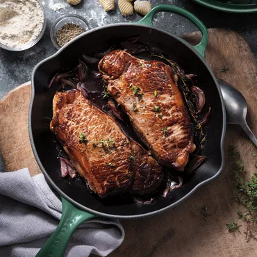 Cast Iron Seared Steak with Caramelized Shallots and Red Wine Reduction
