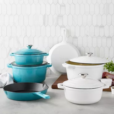 Sur La Table cast iron cookware sets in blue and white colors