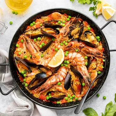 Holiday Paella with shrimp and mussels