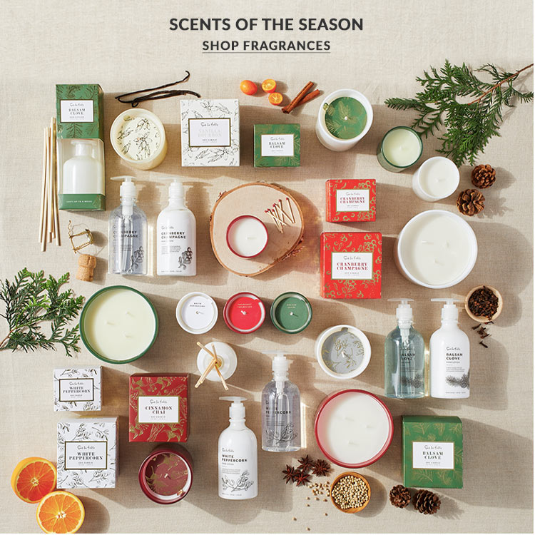Scented candles, soaps, lotions and reed diffusers in holiday fragrances