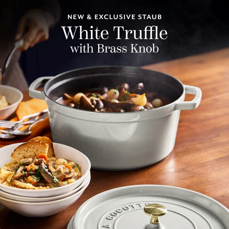 New & Exclusive Staub White Truffle with brass knob.