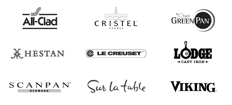 All-Clad, Cristel, GreenPan, Hestan, Le Creuset, Lodge, Scanpan, Sur La Table and Viking logos