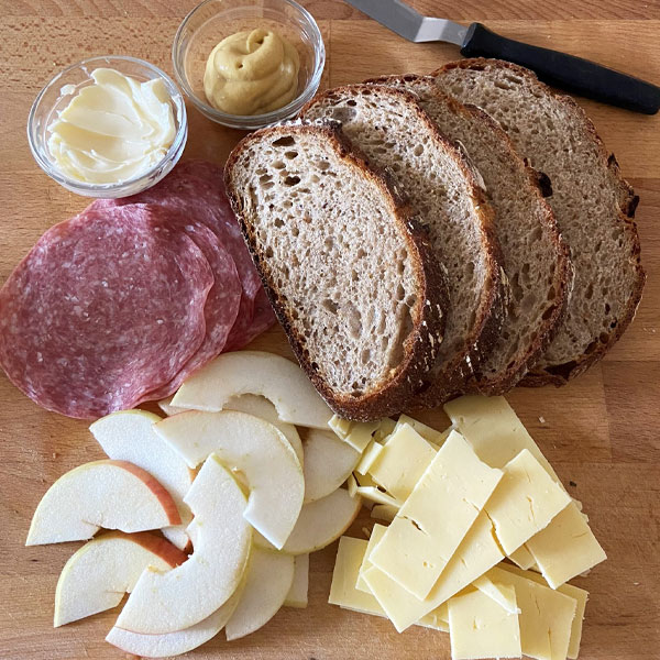 ingredients for apple and cheddar grilled cheese sandwiches