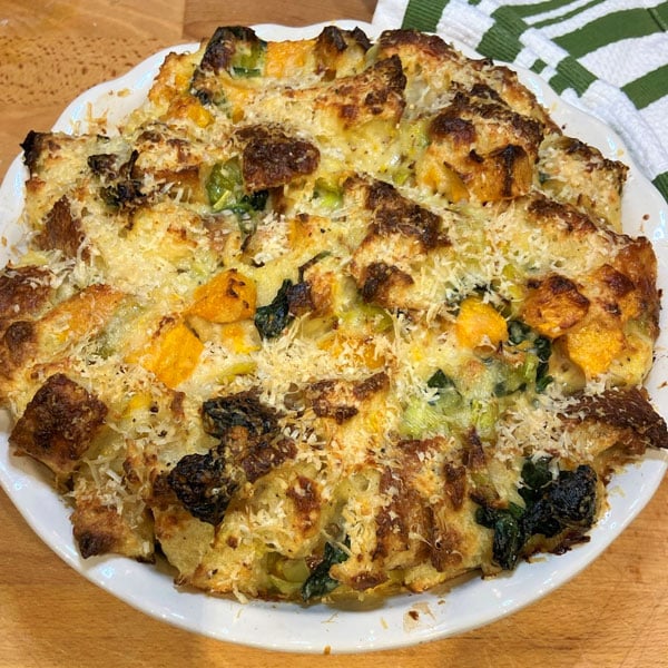 Winter Squash Bread Pudding with Spinach and Gruyere