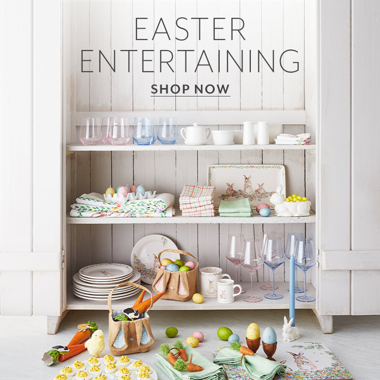 Easter Entertaining. Shop Now. Deviled egg platter and Easter dinnerware and mugs.
