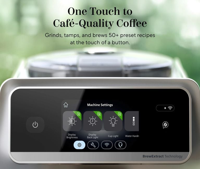 One touch cafe-quality coffee. Grinds, tamps and brews 50+ preset recipes at the touch of a button.