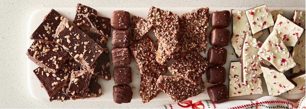 Salted caramels, toffee and peppermint bark candy