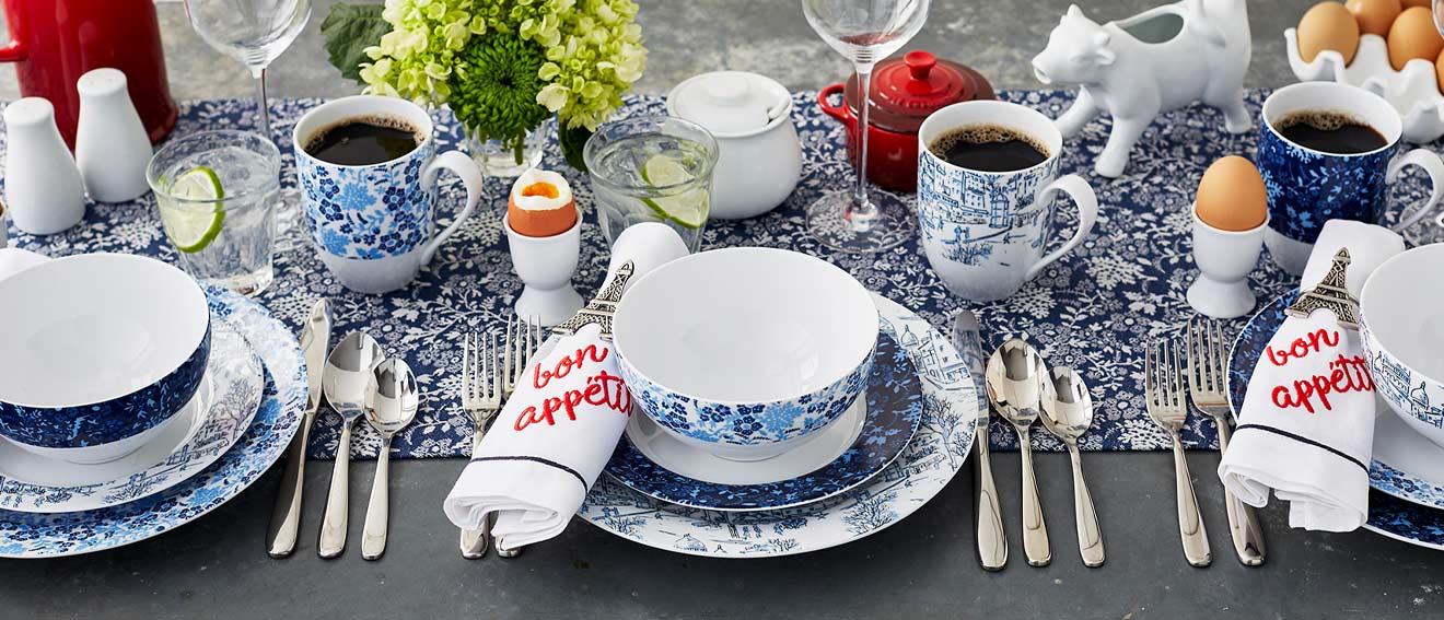 Maison blue floral dinnerware and linens